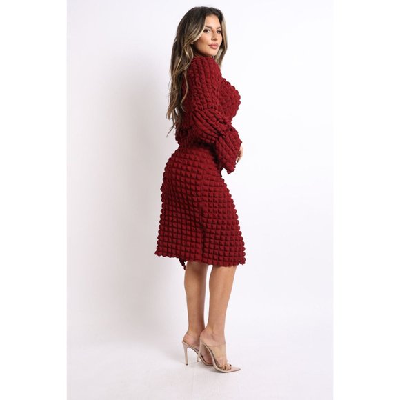 Women's Sexy Popcorn Long Sleeve Top And Matching Side Tie Mini Skirt 2 Pcs Set - Picture 9 of 14